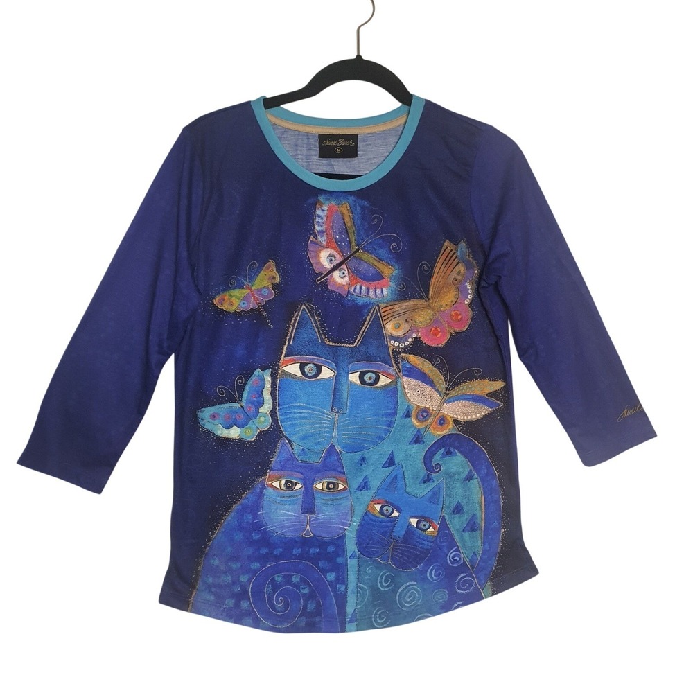 Laurel Burch Blue Cats Butterflies Graphic Top 3/4 Sleeve Crew Neck Medium Artsy